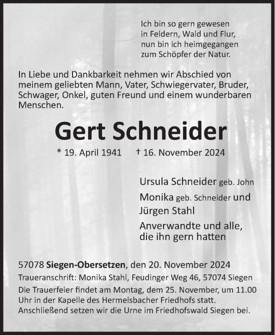 Traueranzeige von Gert Schneider von Siegener Zeitung