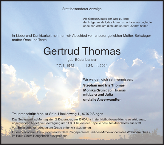 Traueranzeige von Gertrud Thomas von Siegener Zeitung