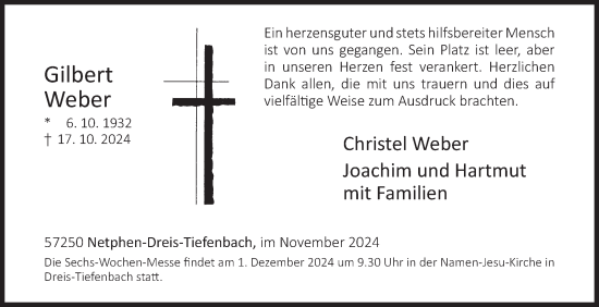 Traueranzeige von Gilbert Weber von Siegener Zeitung