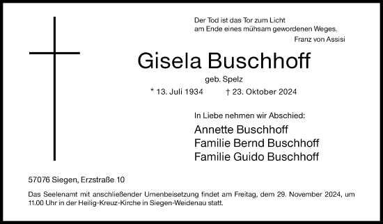 Traueranzeige von Gisela Buschhoff von Siegener Zeitung