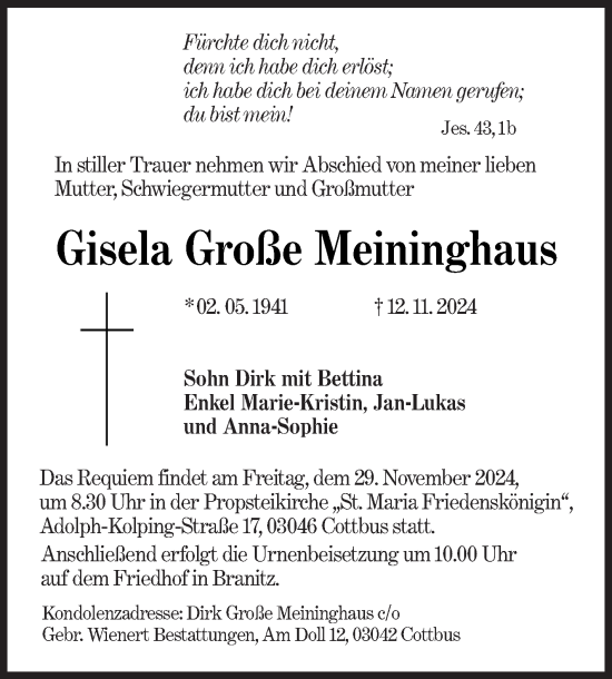 Traueranzeige von Gisela Große Meininghaus von Siegener Zeitung