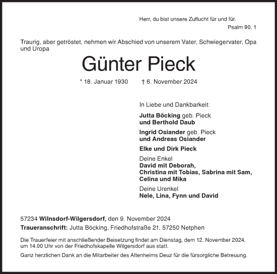 Traueranzeige von Günter Pieck von Siegener Zeitung