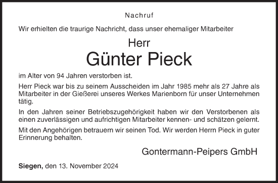 Traueranzeige von Günter Pieck von Siegener Zeitung