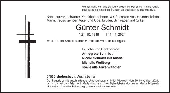 Traueranzeige von Günter Schmidt von Siegener Zeitung