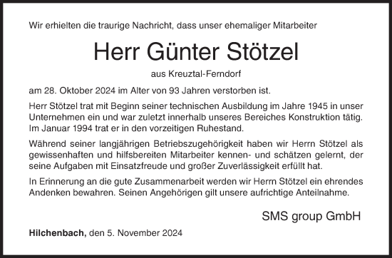 Traueranzeige von Günter Stötzel von Siegener Zeitung