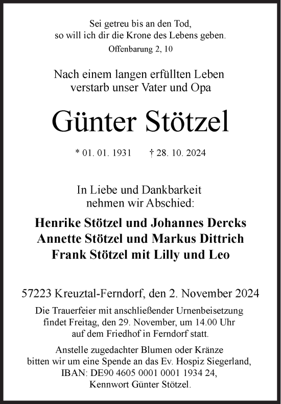 Traueranzeige von Günter Stötzel von Siegener Zeitung