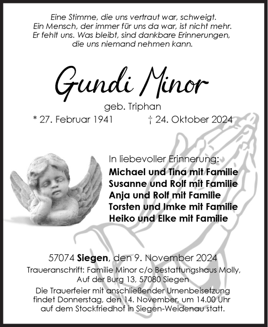 Traueranzeige von Gundi Minor von Siegener Zeitung