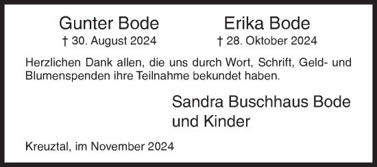 Traueranzeige von Gunter und Erika Bode von Siegener Zeitung