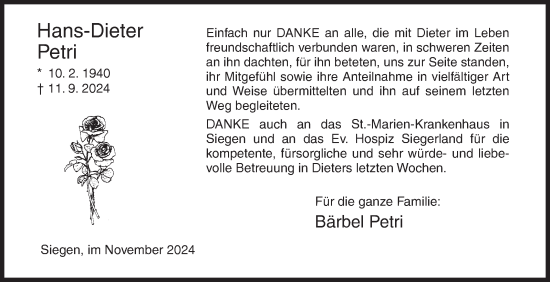 Traueranzeige von Hans-Dieter Petri von Siegener Zeitung
