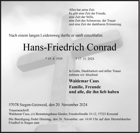Traueranzeige von Hans-Friedrich Conrad von Siegener Zeitung