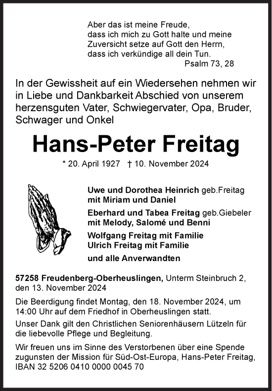Traueranzeige von Hans-Peter Freitag von Siegener Zeitung