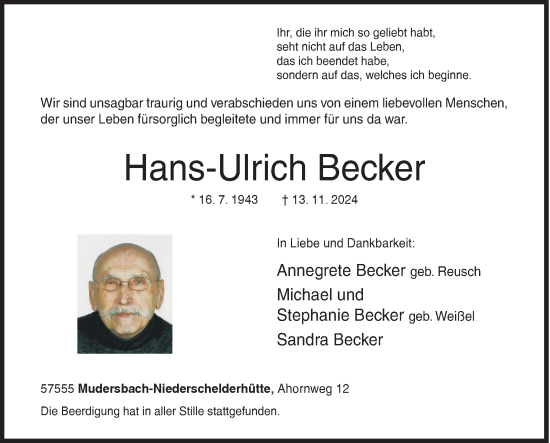 Traueranzeige von Hans-Ulrich Becker von Siegener Zeitung
