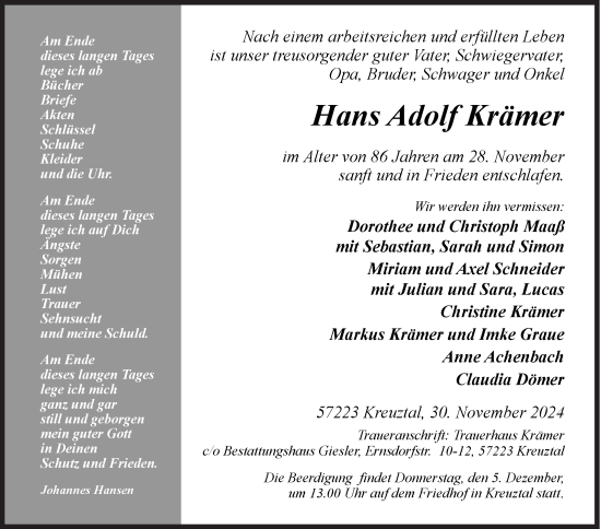 Traueranzeige von Hans Adolf Krämer von Siegener Zeitung
