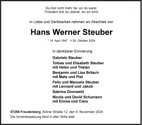 Traueranzeige von Hans Werner Steuber von Siegener Zeitung