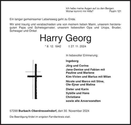 Traueranzeige von Harry Georg von Siegener Zeitung