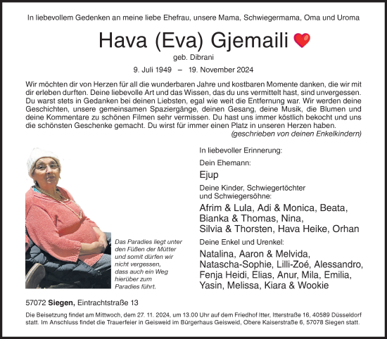 Traueranzeige von Hava Gjemaili von Siegener Zeitung