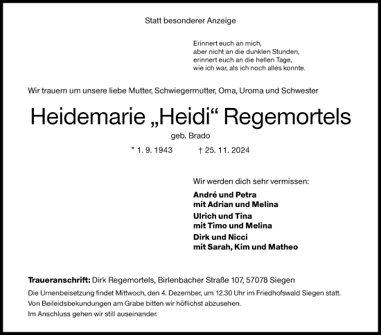 Traueranzeige von Heidemarie Regemortels von Siegener Zeitung