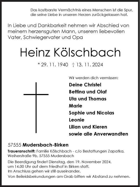 Traueranzeige von Heinz Kölschbach von Siegener Zeitung