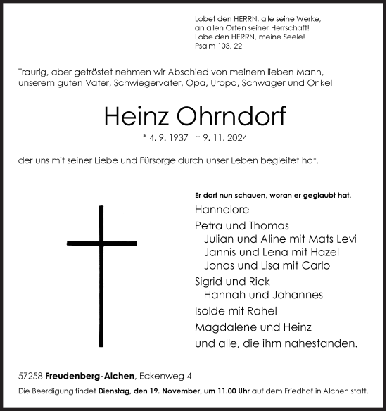 Traueranzeige von Heinz Ohrndorf von Siegener Zeitung