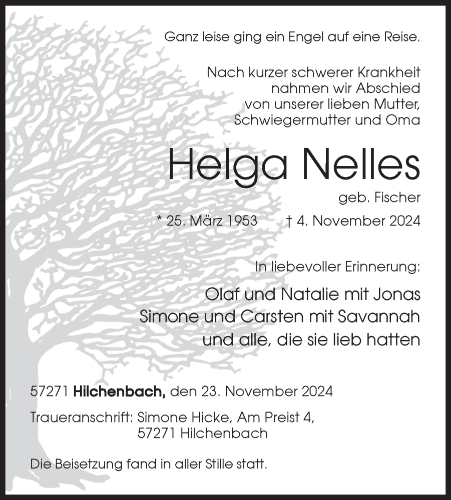  Traueranzeige für Helga Nelles vom 23.11.2024 aus Siegener Zeitung