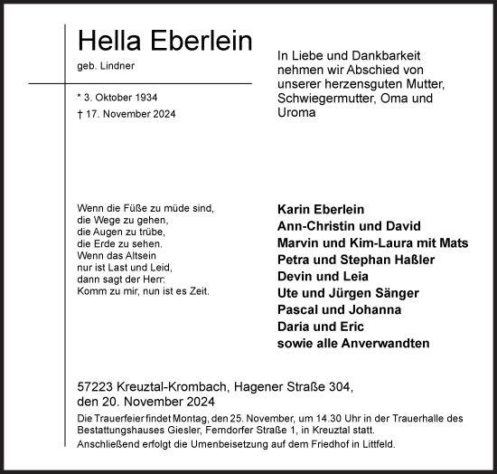 Traueranzeige von Hella Eberlein von Siegener Zeitung