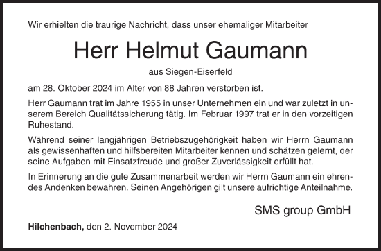 Traueranzeige von Helmut Gaumann von Siegener Zeitung