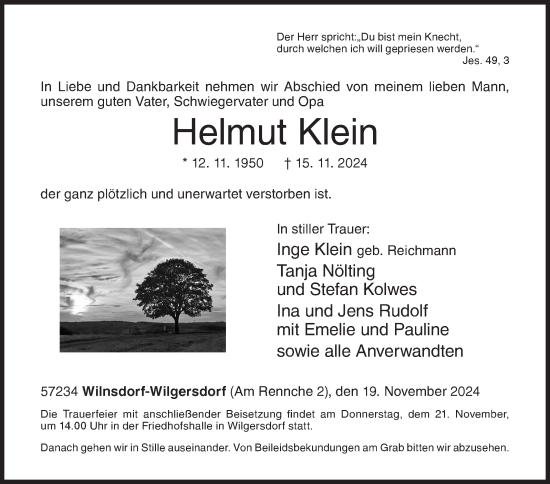Traueranzeige von Helmut Klein von Siegener Zeitung