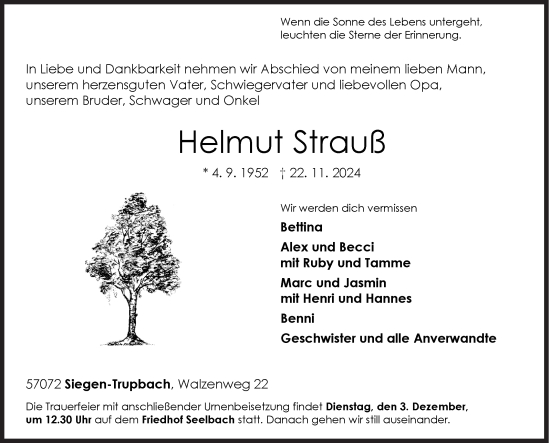 Traueranzeige von Helmut Strauß von Siegener Zeitung
