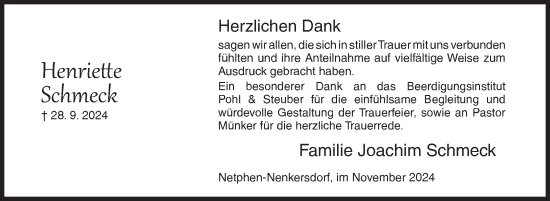 Traueranzeige von Henriette Schmeck von Siegener Zeitung