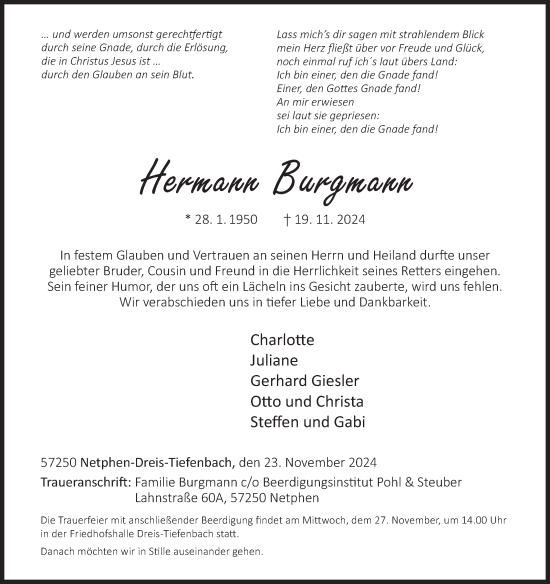 Traueranzeige von Hermann Burgmann von Siegener Zeitung