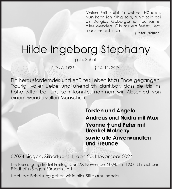 Traueranzeige von Hilde  Stephany von Siegener Zeitung
