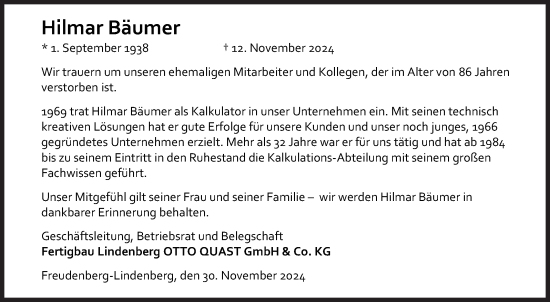 Traueranzeige von Hilmar Bäumer von Siegener Zeitung