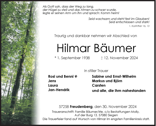Traueranzeige von Hilmar Bäumer von Siegener Zeitung