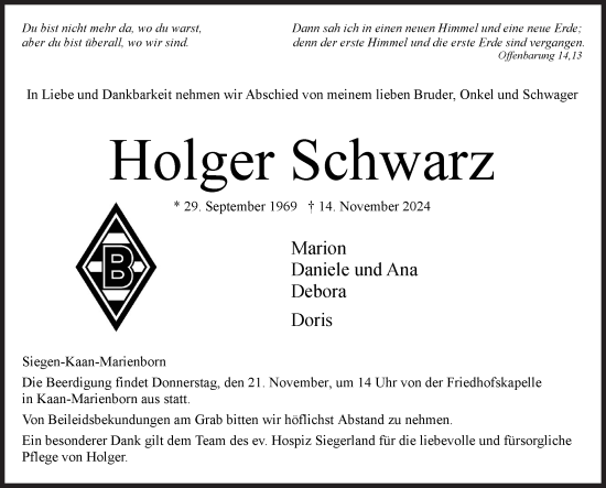 Traueranzeige von Holger Schwarz von Siegener Zeitung