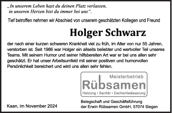 Traueranzeige von Holger Schwarz von Siegener Zeitung