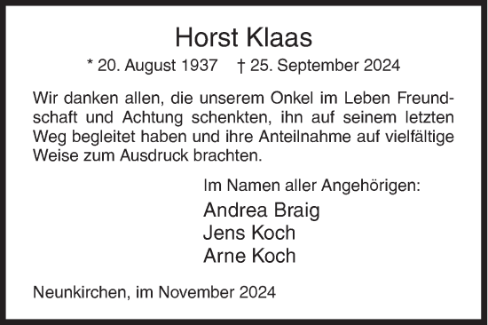 Traueranzeige von Horst Klaas von Siegener Zeitung