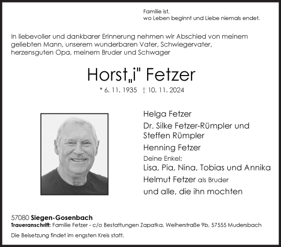 Traueranzeige von Horsti Fetzer von Siegener Zeitung