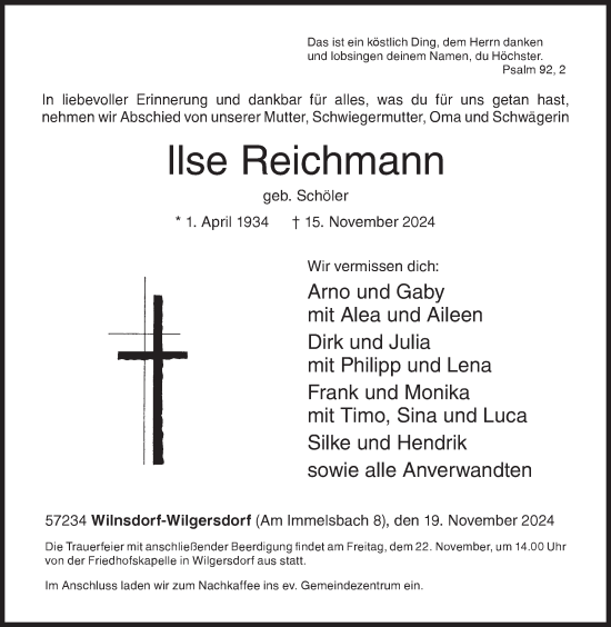 Traueranzeige von Ilse Reichmann von Siegener Zeitung
