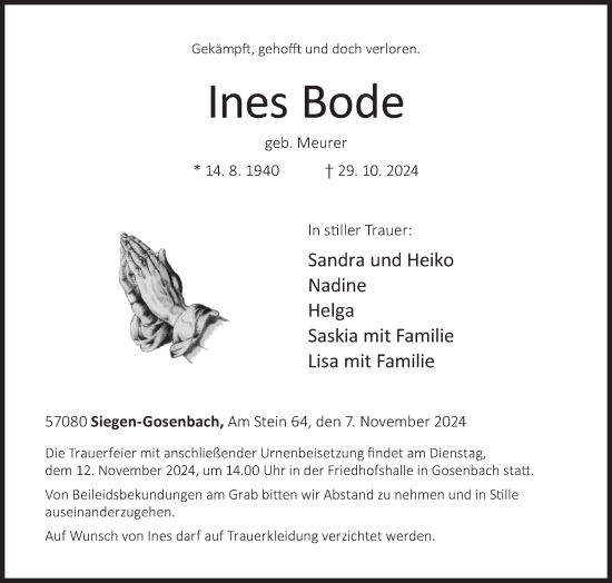 Traueranzeige von Ines Bode von Siegener Zeitung