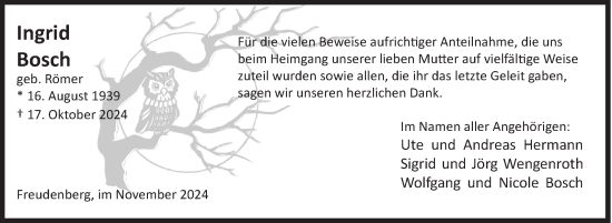 Traueranzeige von Ingrid Bosch von Siegener Zeitung
