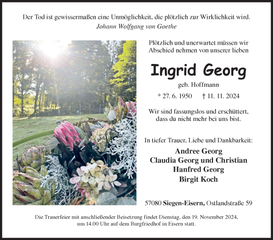 Traueranzeige von Ingrid Georg von Siegener Zeitung