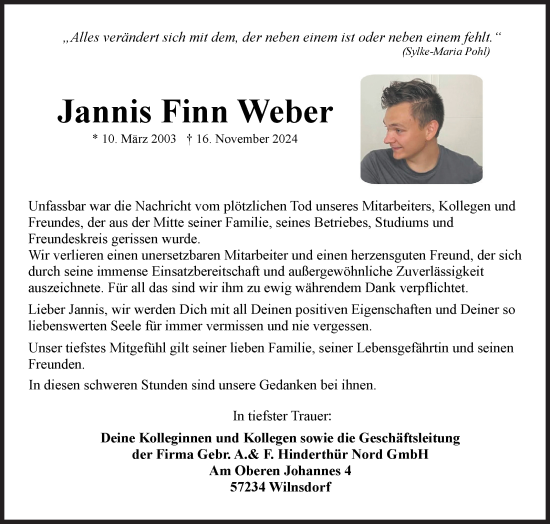 Traueranzeige von Jannis  Weber von Siegener Zeitung