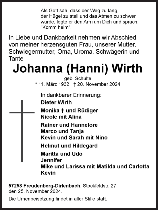 Traueranzeige von Johanna  Wirth von Siegener Zeitung