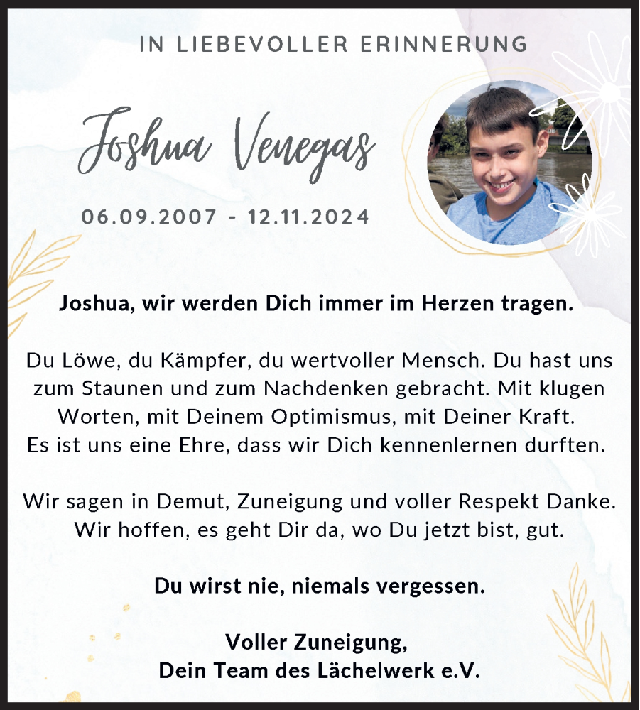 Traueranzeige für Joshua Venegas vom 23.11.2024 aus Siegener Zeitung