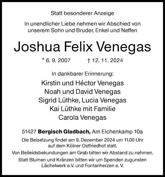 Traueranzeige von Joshua Felix Venegas von Siegener Zeitung