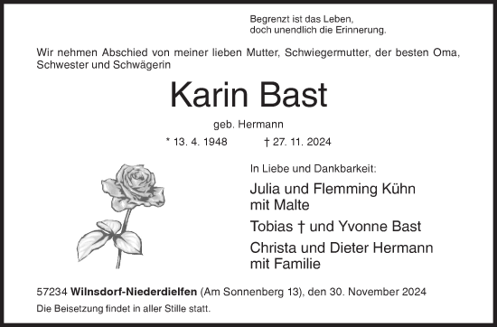 Traueranzeige von Karin Bast von Siegener Zeitung