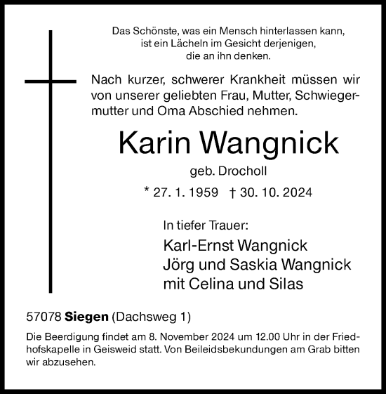 Traueranzeige von Karin Wangnick von Siegener Zeitung
