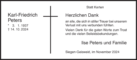 Traueranzeige von Karl-Friedrich Peters von Siegener Zeitung