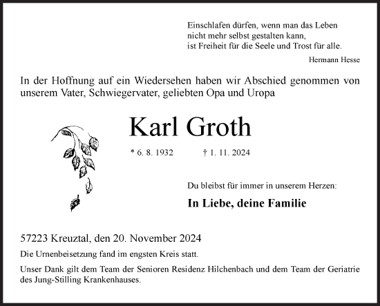Traueranzeige von Karl Groth von Siegener Zeitung