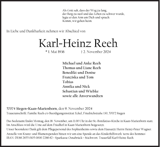 Traueranzeige von Karl-Heinz Reeh von Siegener Zeitung